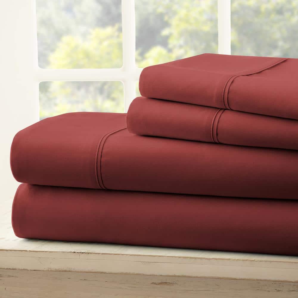 4-Piece Burgundy Solid Microfiber 300 Thread Count Queen Sheet Set