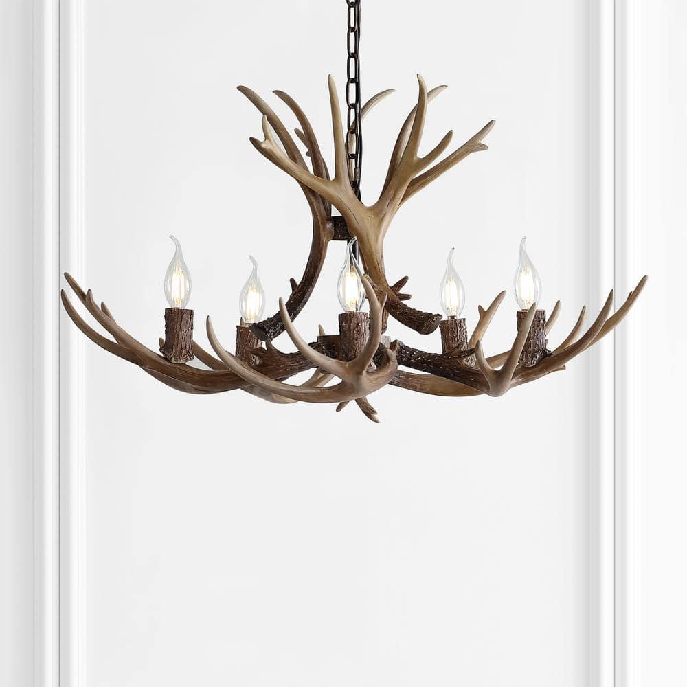 JONATHAN Y JYL6300A Eldora 30" Adjustable Resin Antler 5-Light LED Chandelier, Farmhouse, Rustic, Cottage, Transitional for living room, dinning room, bedroom, office Bulb Included, Brown