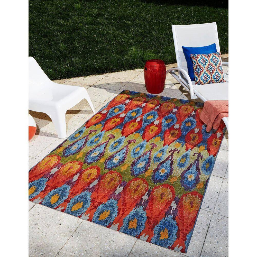 Unique Loom Outdoor Modern Collection Area Rug - Ikat (4' 1" x 6' 1" Rectangle Multi/Burgundy)