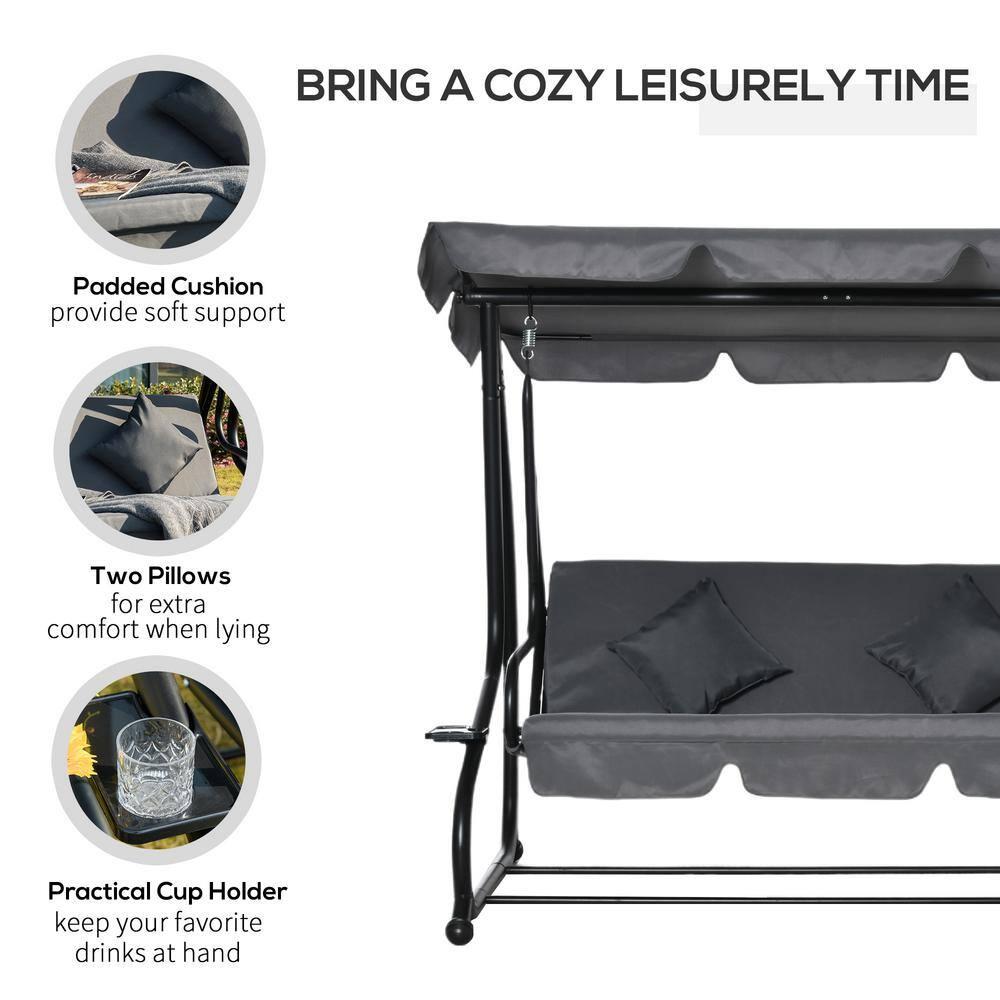 Outsunny 3 Seat Outdoor Free Standing Swing Bench Porch Swing with Stand, Comfortable Cushioned Fabric & Included Canopy, Gray