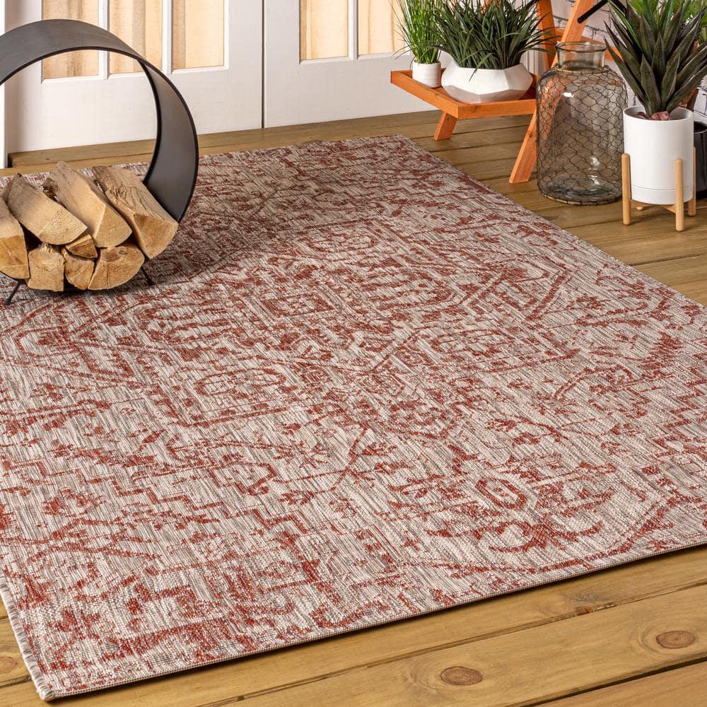 8'x10' Estrella Bohemian Medallion Textured Weave Indoor/Outdoor Area Rug, Red/Taupe - JONATHAN Y