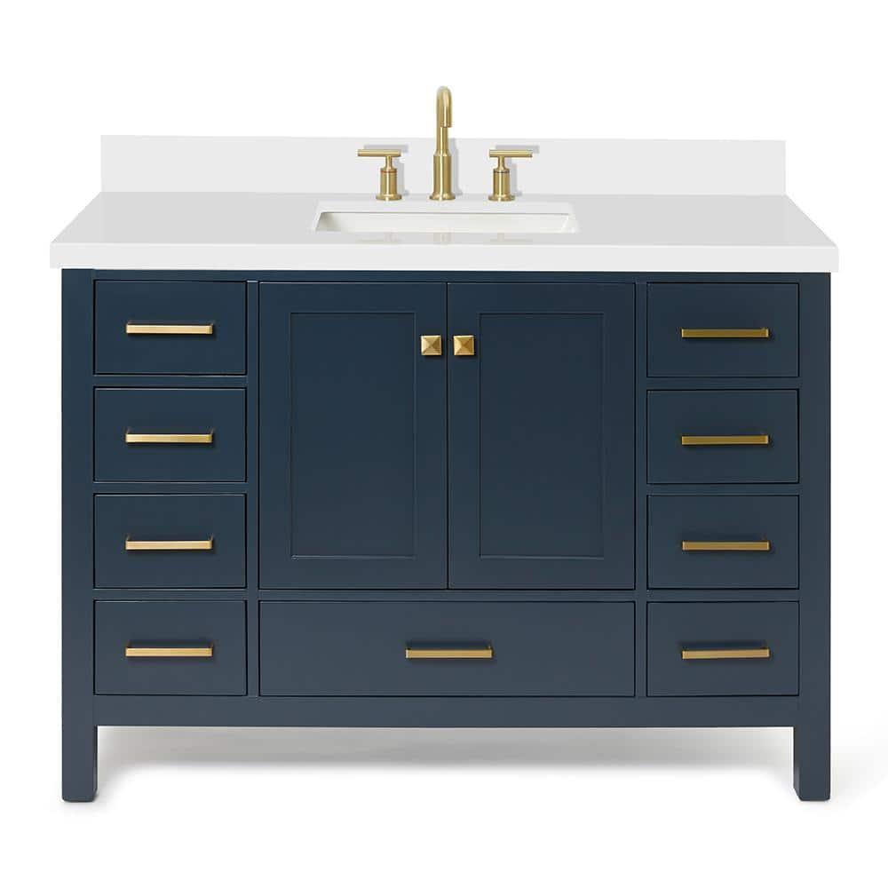 ARIEL 49" Bathroom Vanity with 1.5" Edge Pure White Quartz Countertop & Backsplash, Center Rectangular Sink, 2 Soft Closing Doors, 9 Full Extension Dovetail Drawers, Brushed Nickel - Midnight Blue