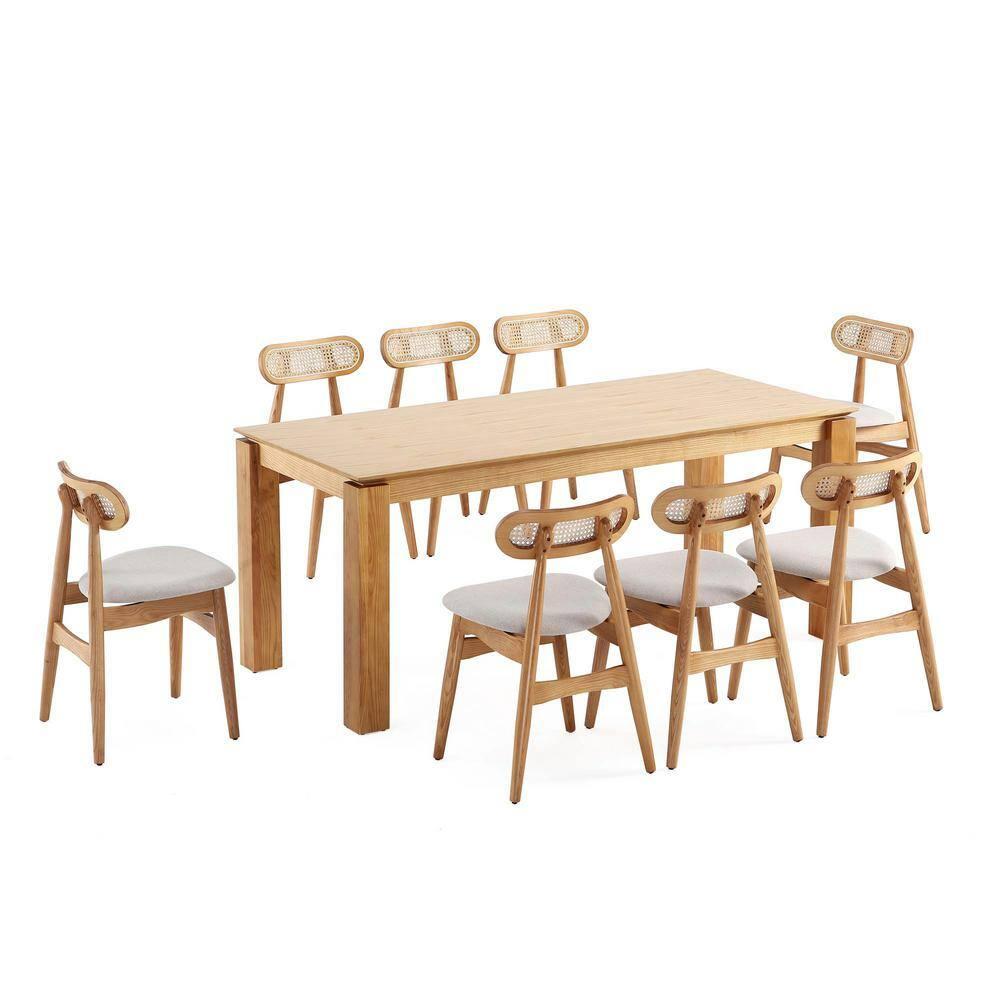 Manhattan Comfort 9pc 70.86" Rockaway and Colbert Rectangle Dining Set: Industrial Chic, Ash Wood, Foam Padded Seats