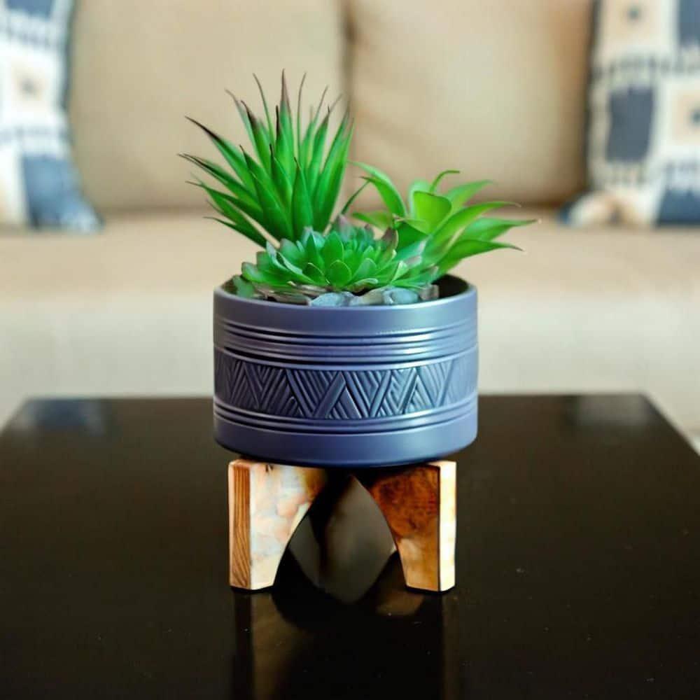 Flora Bunda CT871E-MTNV 7' Mountain Ceramic Planter on Wood Stand,Matte Navy