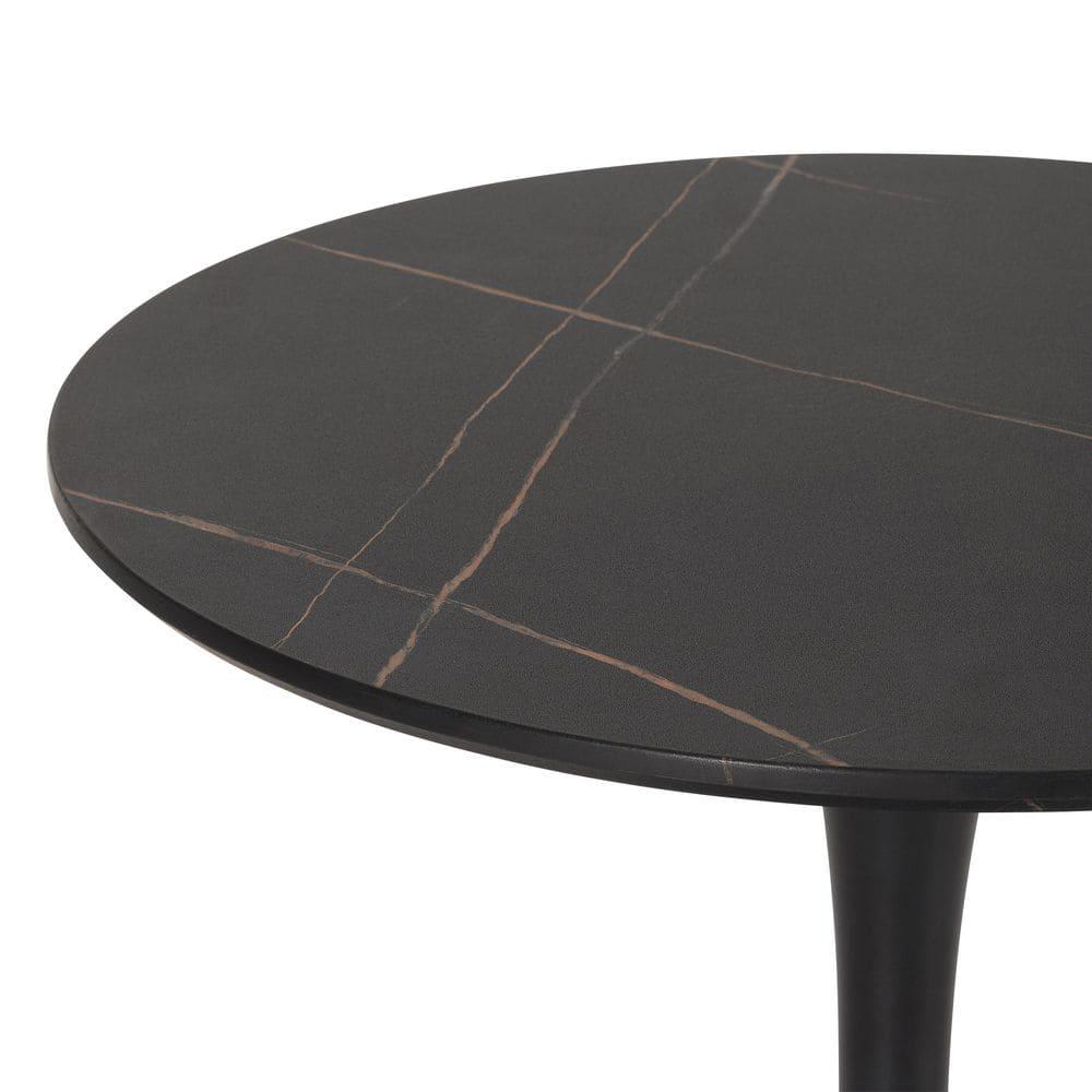 CorLiving Ivo Modern Round Black Marbled Engineered Wood and Steel Pedestal Dining Table - Small Pedestal Dining Room Table for 3, Ideal Small Round Kitchen Table, Bistro Cafe Table