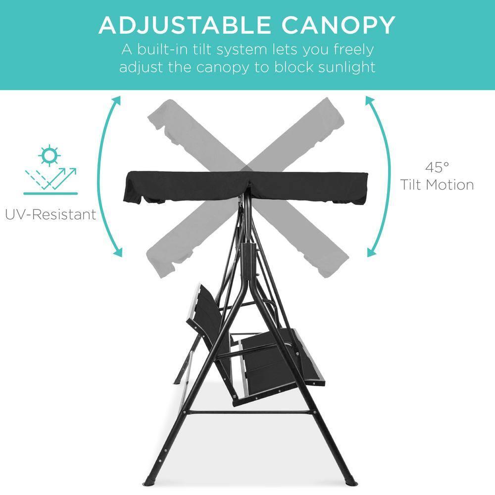 Best Choice Products 2-Seater Outdoor Adjustable Canopy Swing Glider Patio Bench w/ Textilene, Steel Frame - Black