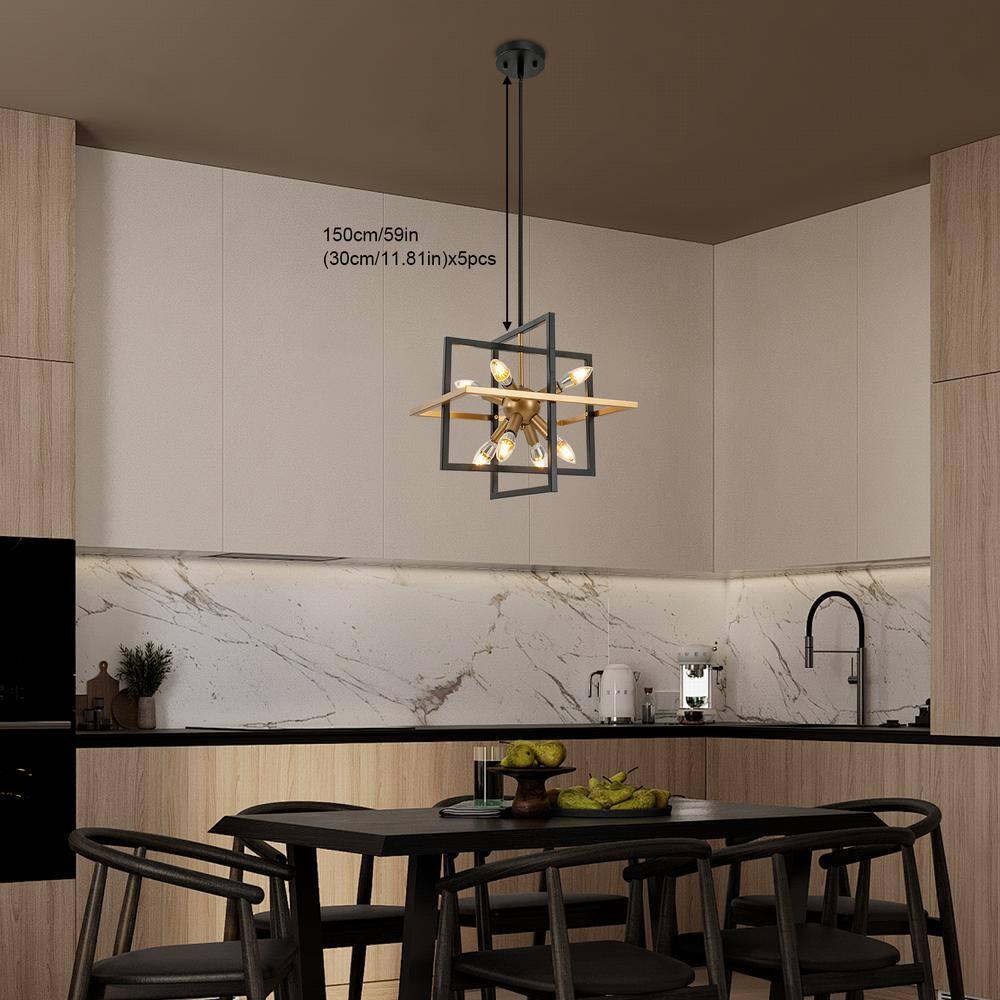 Modern Black and Gold Chandelier, 8-Light Geometric Pendant Light Fixture, Dining Light Fixtures Adjustable Chandelier for Dining Room Entryway Foyer Hallway Bedroom Living Room Kitchen Island