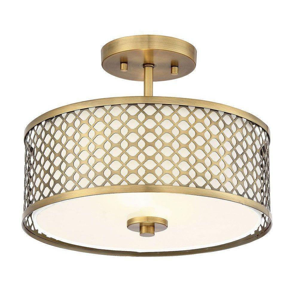 Meridian Elegance 2-Light Natural Brass Ceiling Light with Cream Fabric Shade