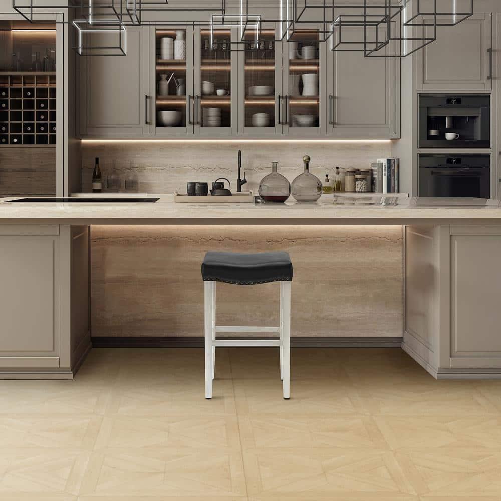 Polytrends Jameson Upholstered Polyester 29" Bar Stool - Saddle Seat/ White Legs Antique White/Black