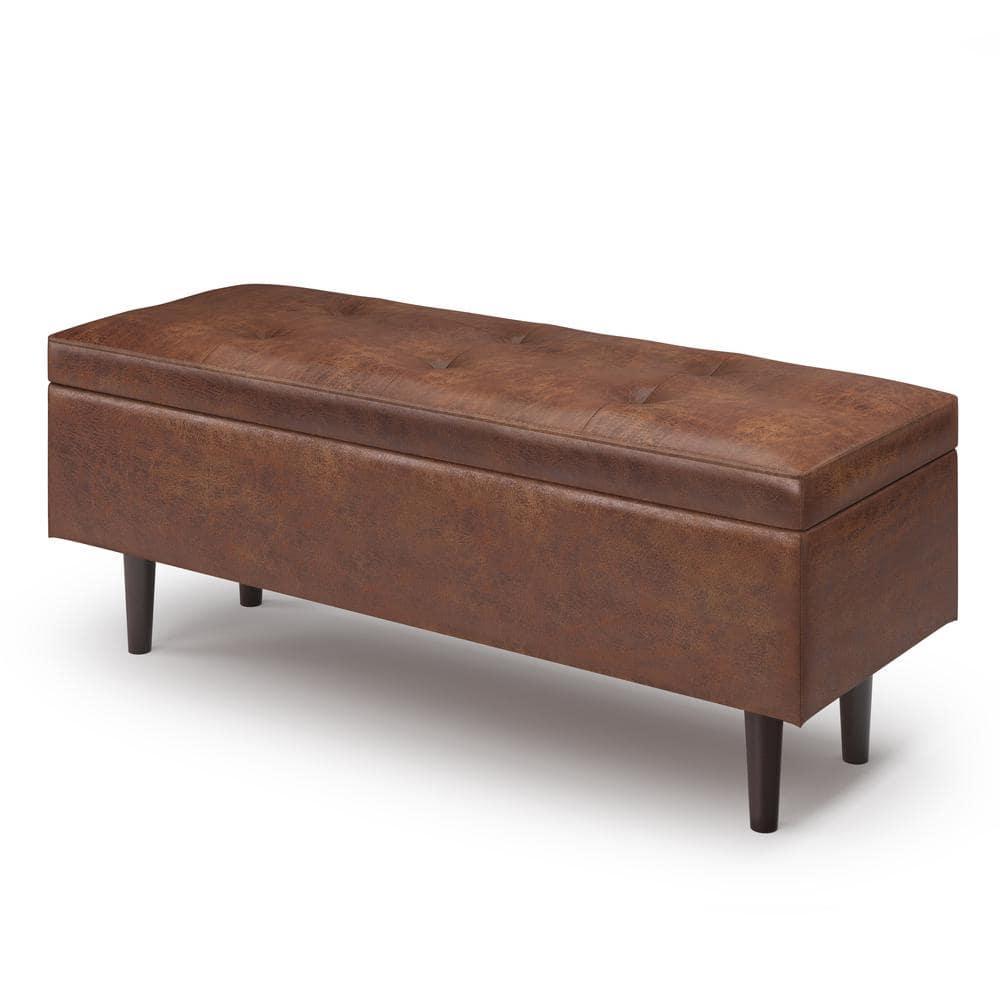 Simpli Home Shay 48 inch W. Modern Storage Ottoman in Distressed Saddle Brown Faux Leather