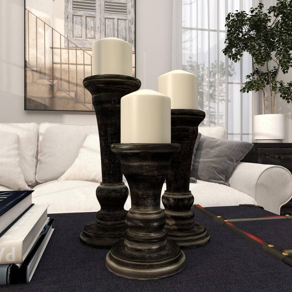 DecMode 3 Candle Black Mango Wood Candle Holder, Set of 3