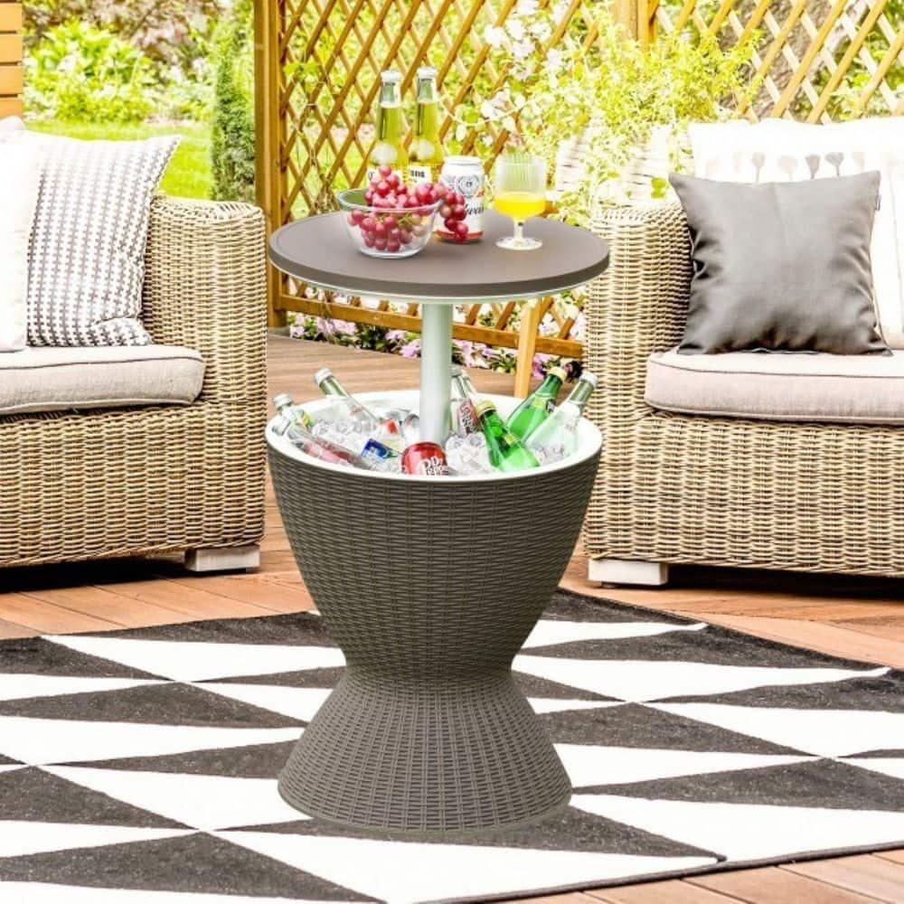 Demifill 3 In 1 8 Gallon Patio Rattan Cooler Bar Table with Adjust Ice Bucket, Outdoor Ice Cooler with Exquisite Wicker Outlook, Versatile Ice Cooler for Outdoor as Patio, Poolside, Brown