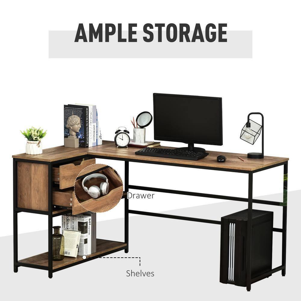 HOMCOM L-Shaped Home Offie Computer Desk with Storage Shelves, 2 Dawers and Industrial Steel Frame, Black/Brown