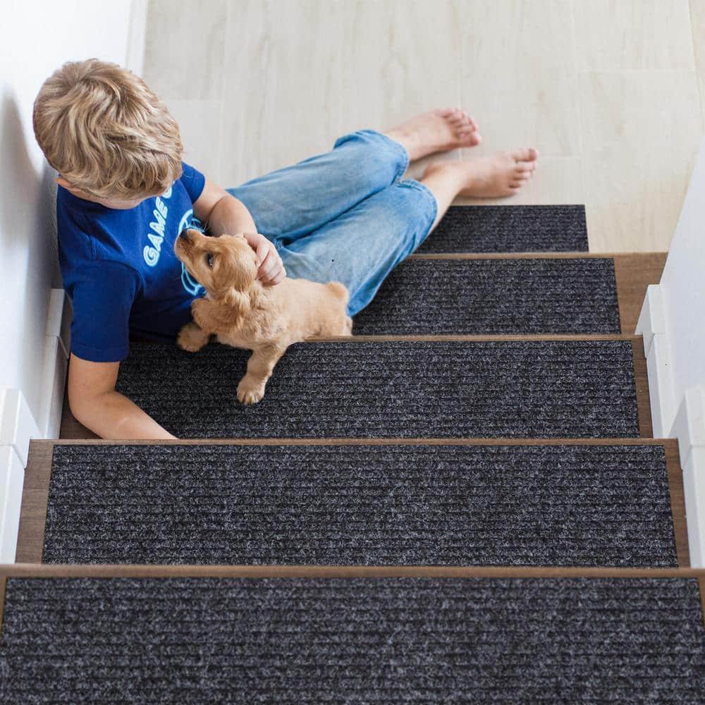 Ottomanson Non-Slip Rubberback Solid 8" x 30" Indoor/Outdoor Stair Treads for Stairs, Garage, Patio, 7 Pack, Black