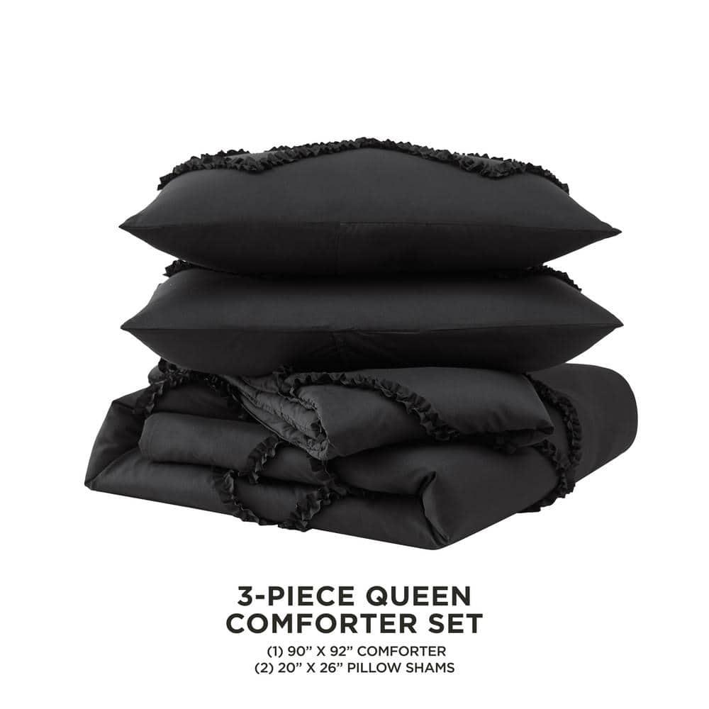 Full Black Microfiber Diamond Ruffle Reversible Comforter Set