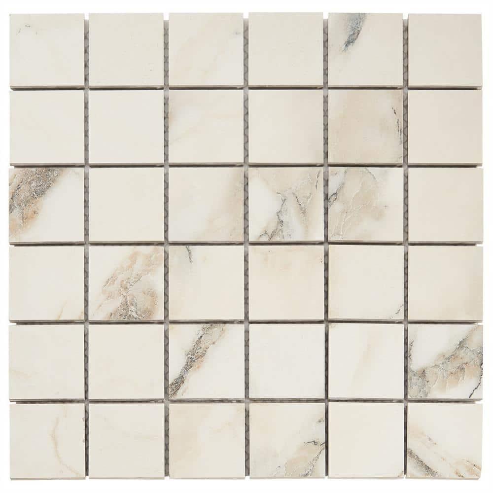 Saroshi Calacatta Rustico 11.81 in. x 11.81 in. Matte Porcelain Floor and Wall Mosaic Tile (0.96 sq. ft./Each)