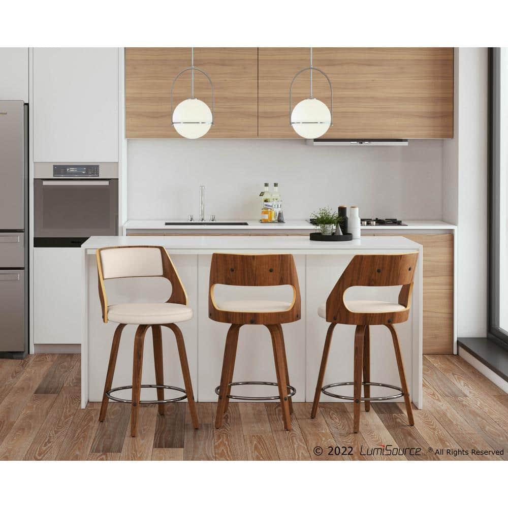LumiSource Set of 2 Cecina Upholstered Counter Height Barstools Cream/Walnut : Swivel, Faux Leather, Wood Legs