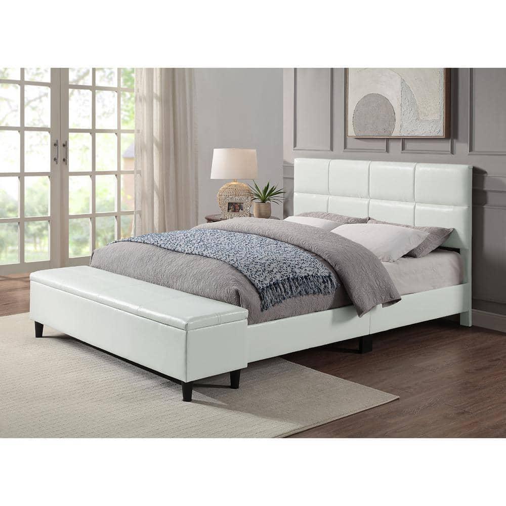 Full Kerwin Flannelette Bed with Bench Storage White - HOMES: Inside + Out: Upholstered Platform, No Box Spring Required
