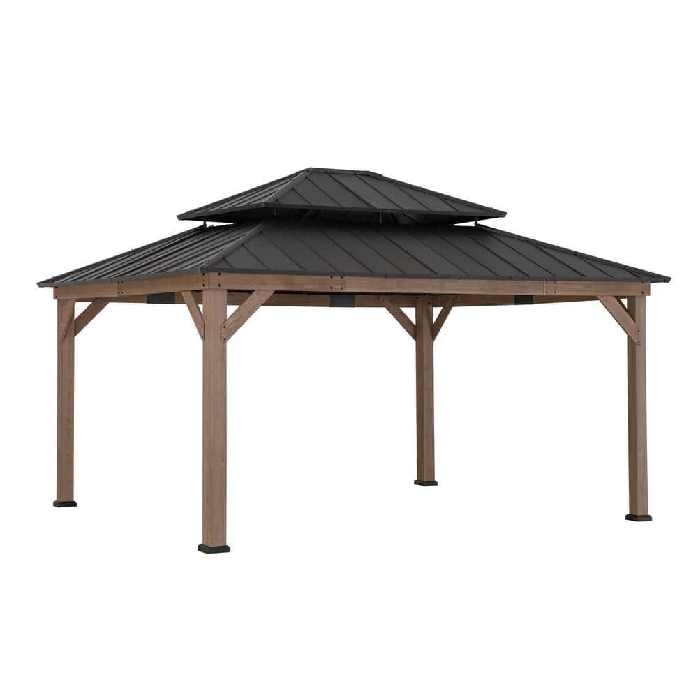 Sunjoy Sunjoy 13 x 15 ft. Wood Gazebo, Outdoor Patio Steel Hardtop Gazebo, Cedar Framed Wooden Gazebo with 2-Tier Metal Roof, Suitable for Patios, Lawn and Backyard