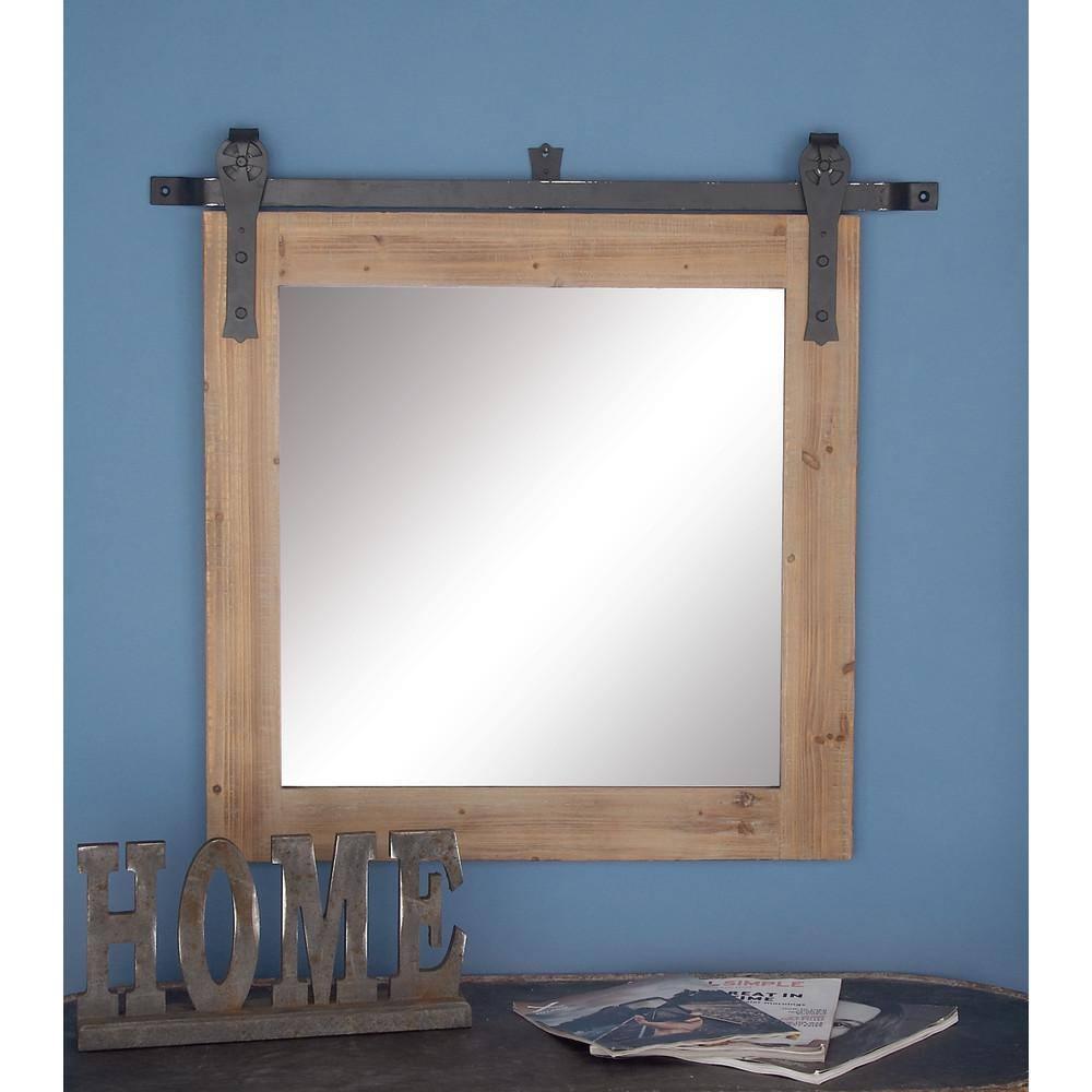 DecMode Industrial Brown Square Shaped Wall Mirror with Natural Wood Grain Pattern, 31"W x 31"H