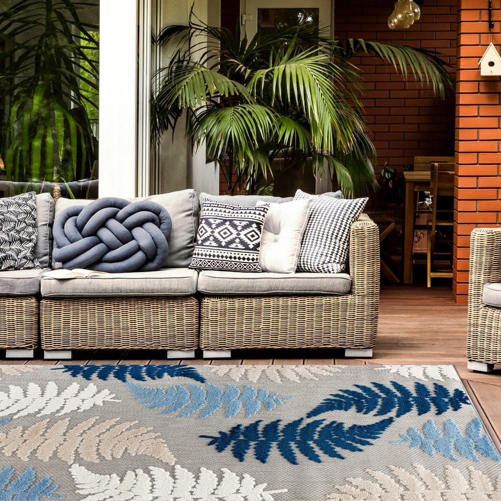 World Rug Gallery Seville Floral Leaves Indoor/Outdoor Area Rug - Blue 7'10" x 10'