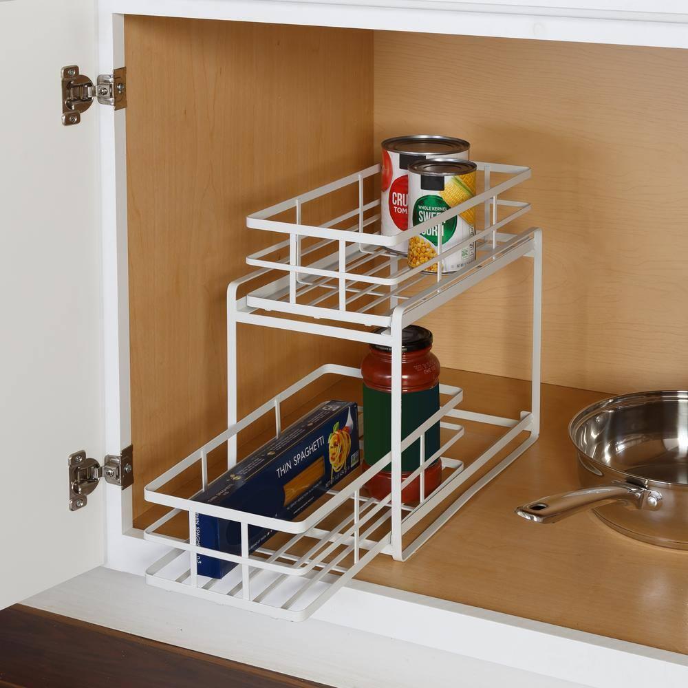 Honey-Can-Do Flat Wire Sliding Basket Organizer - White: Kitchen Organizer, Under Sink Storage, Steel, 12" H x 14" W x 8" D
