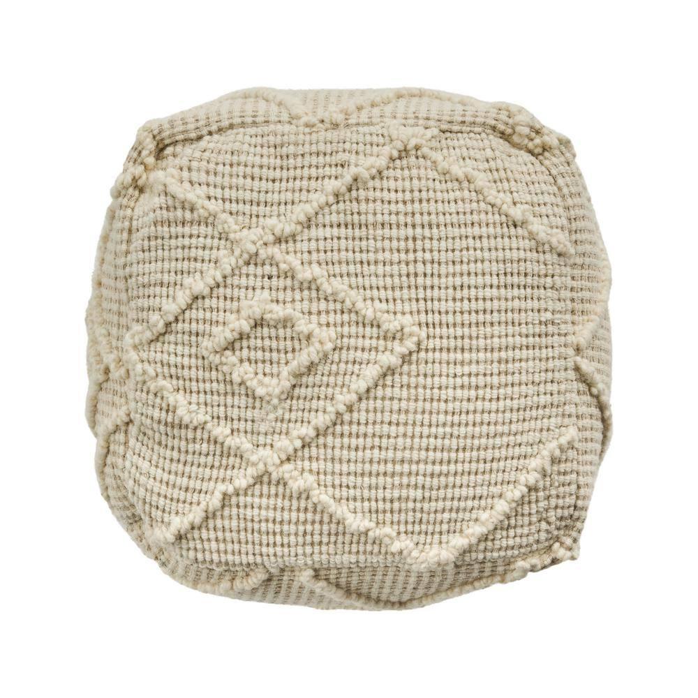 Noble House Cube Geometric Woven Wool Pouf, Off-White