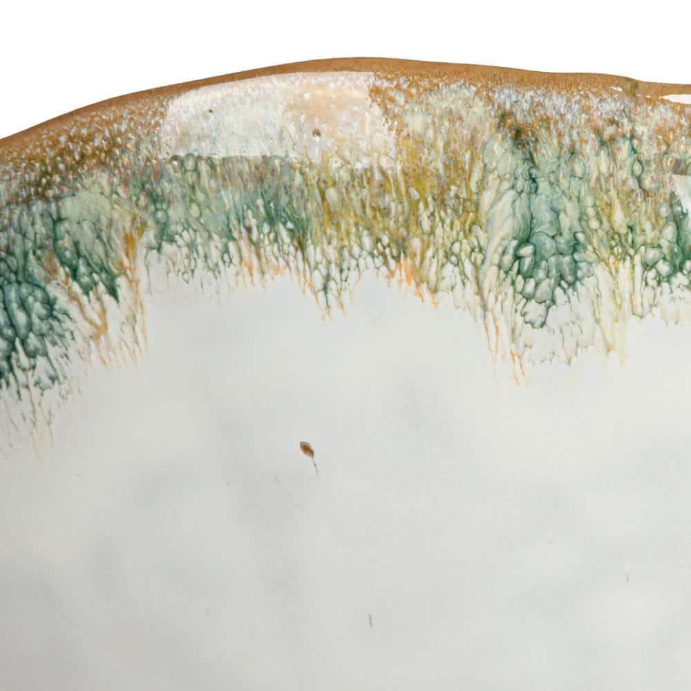 9 in. 60.9 fl. oz. Green and Brown Large Stoneware Footed Serving Bowl