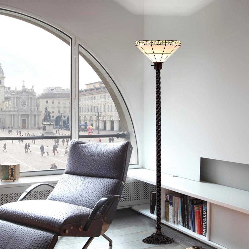 Tiffany-style Mission-style White Torchiere Floor Lamp with Durable White Zinc Construction