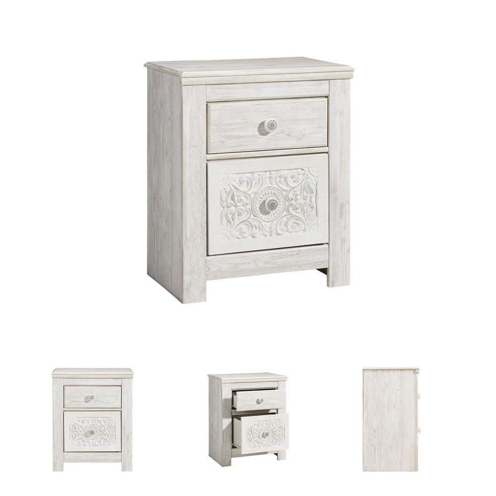 Paxberry Two Drawer Nightstand White Wash - Signature Design by Ashley: Traditional Style, USB Port, Storage Function