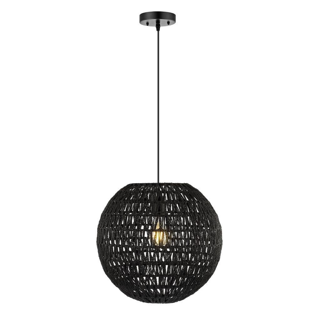 Luna 15.75" 1-Light Bohemian Modern Woven Rattan/Iron LED Pendant, Black