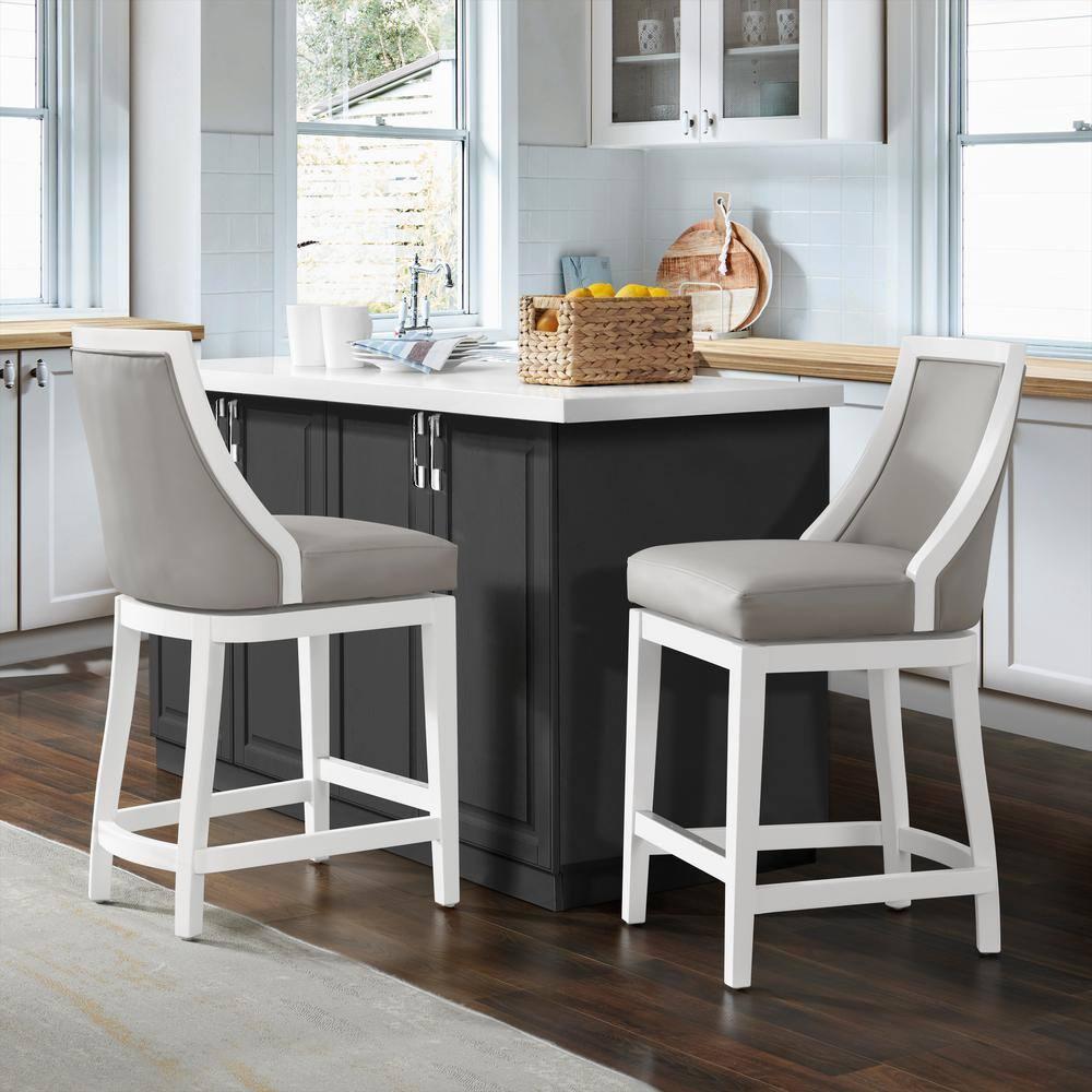 Alaterre Ellie 19" Wide Solid Rubber Wood Frame Linen Fabric Counter Height Swivel Stool With Back