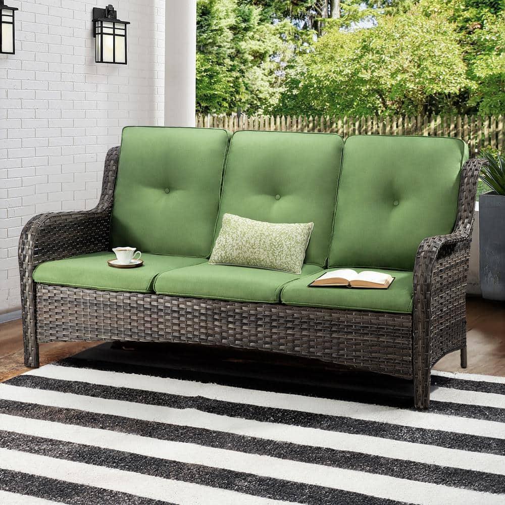 3-Seat Wicker Outdoor Patio Sofa Sectional Couch with Green Cushions