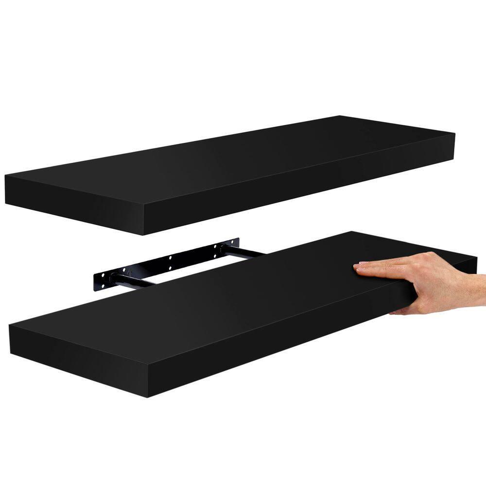 24" Black Solid Wood Floating Wall Shelves Set of 2
