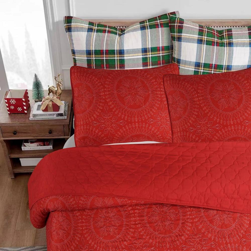 3 Pcs Festive Christmas Quilt Bedspread Set Holiday Bedding Medallion Red