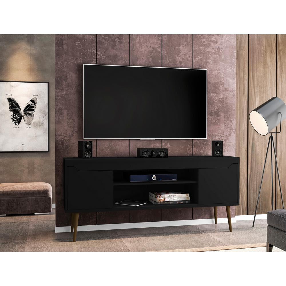 Bradley TV Stand for TVs up to 60" Black - Manhattan Comfort: Modern Entertainment Center with Open Shelves