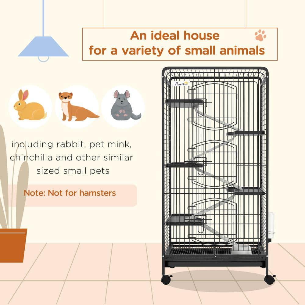 PawHut 6 Level Small Animal Cage for Dwarf Rabbits, Pet Mink, and Chinchillas w/ Removable Tray, Ramp, Water Bottle, Food Dish, Indoor, Black