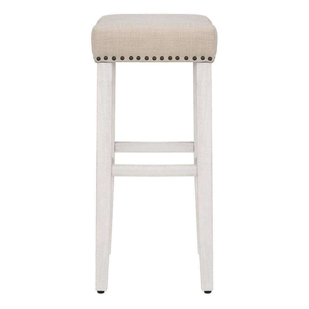 29" Upholstered Nail Head Counter Stool, Antique White/Beige