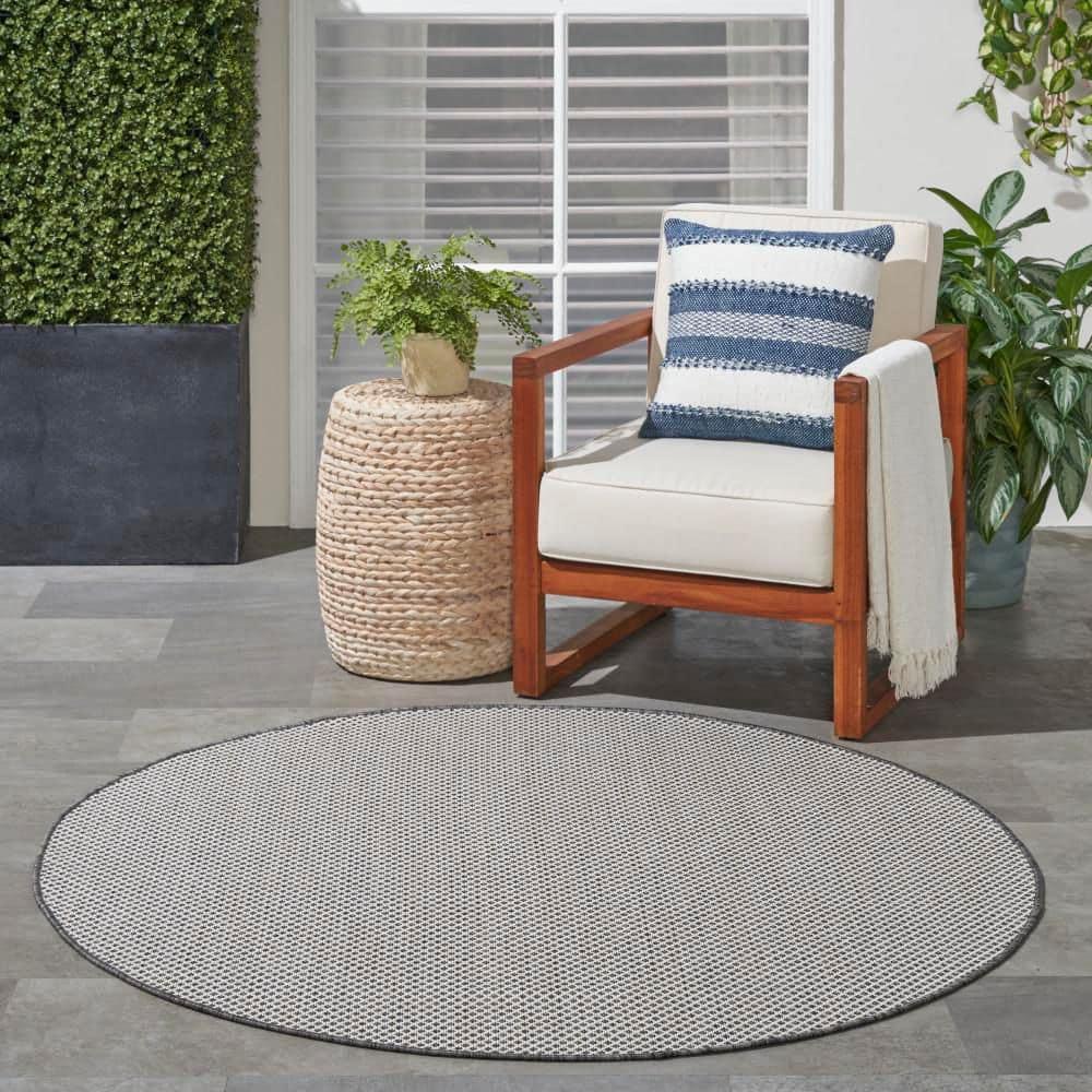 Nourison 4' x 4' Courtyard Modern Easy Care Flatweave Indoor Outdoor Round Rug Ivory/Charcoal