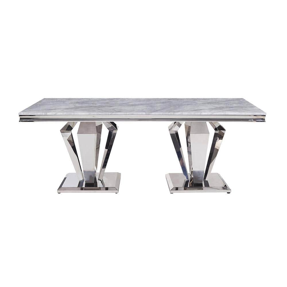 Everly Quinn Eardie Rectangular Dining Table in Light Gray and Mirrored Silver