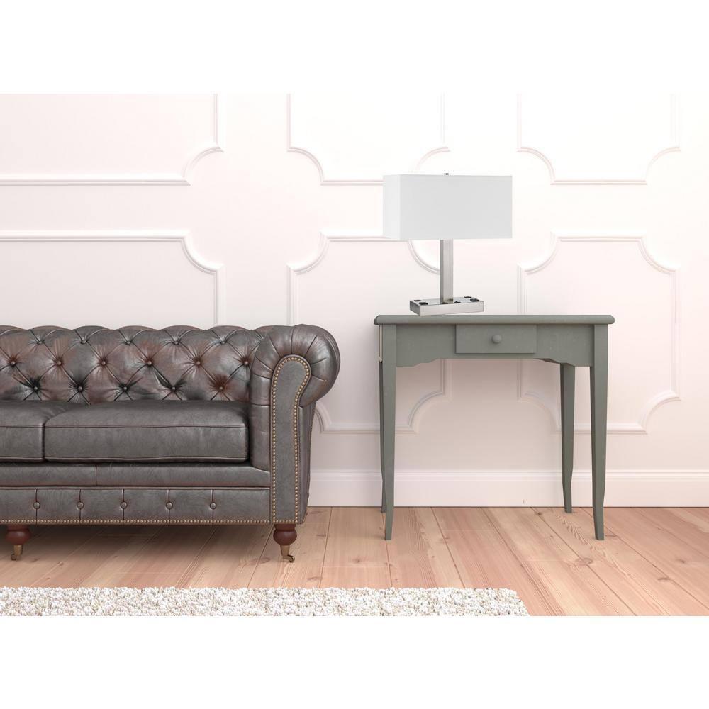 21 in. Nickel Metal Two Light Desk USB Table Lamp with White Rectangle Shade