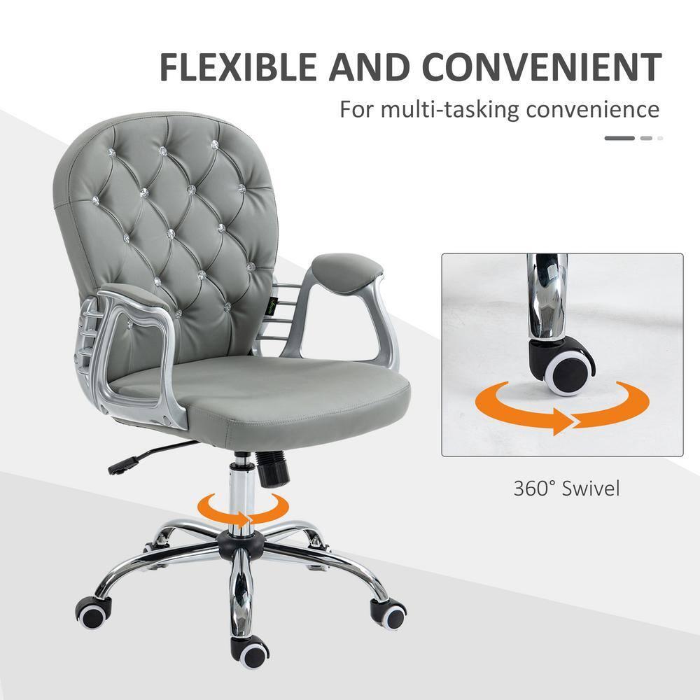 Vinsetto Vanity PU Leather Mid Back Office Chair Swivel Tufted Backrest Task Chair with Padded Armrests, Adjustable Height, Rolling Wheels, Gray