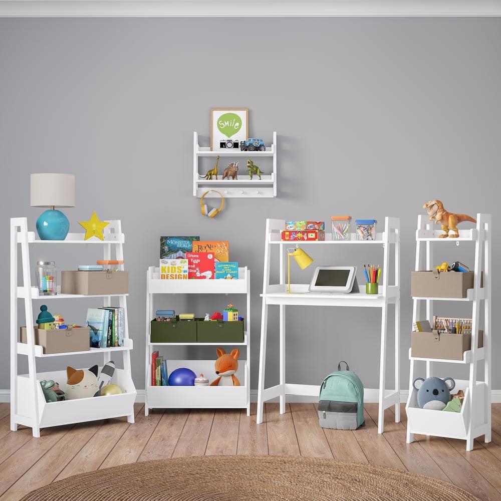RiverRidge Home RiverRidge Kids 4-Tier 13in Ladder Shelf Toy Organizer and Book Storage with 3 Open Display Shelves- White with Two 5" Fabric Bins