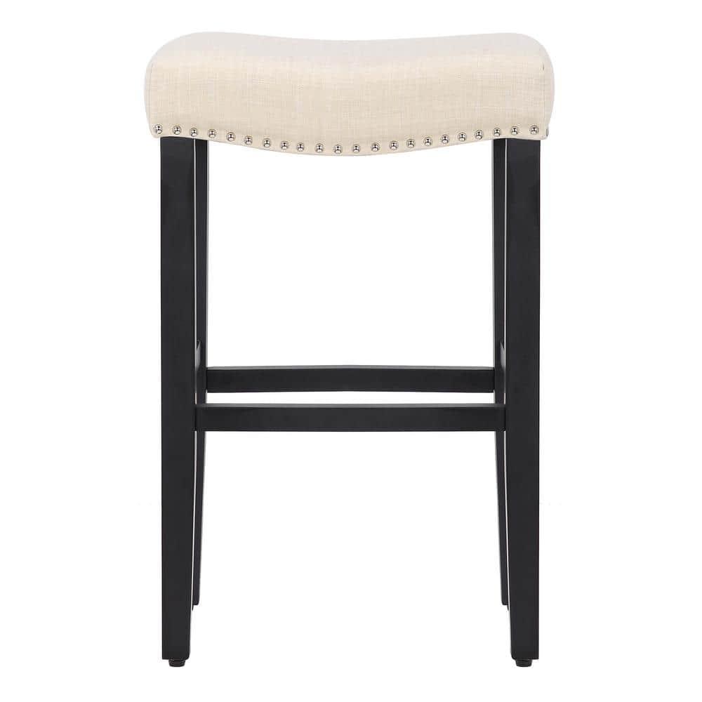 Westin Outdoor Yazan 29" Upholstered Bar Stool with Nail Head Trim, Black/Beige