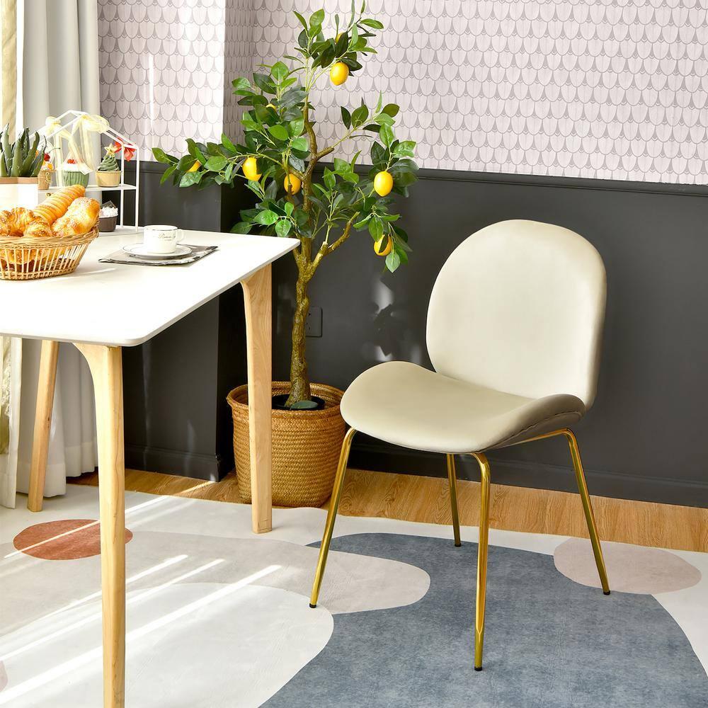Costway Set of 2 Velvet Accent Chairs Dining Side Chairs w/Gold Metal Legs Beige