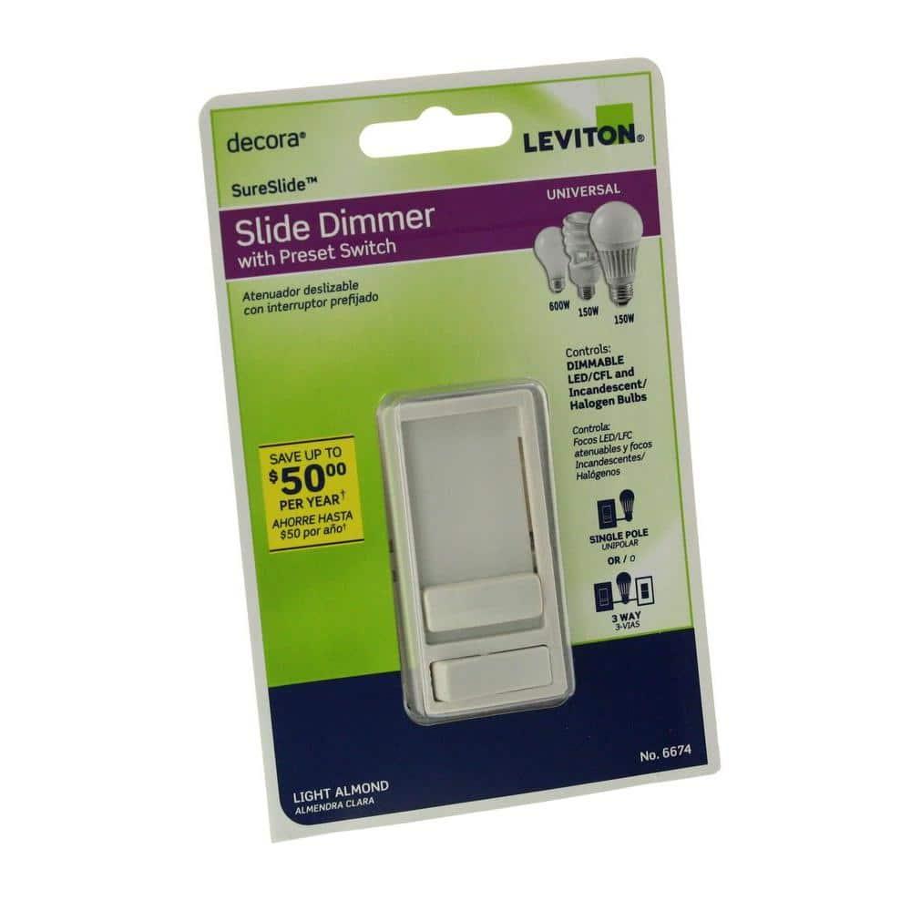 Leviton 6674-P0T SureSlide Universal 150-Watt LED and CFL/600-Watt Incandescent Dimmer, Light Almond
