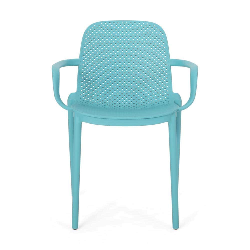 Noble House Gardenia Plastic Stacking Patio Dining Arm Chair in Teal (Set of 2)