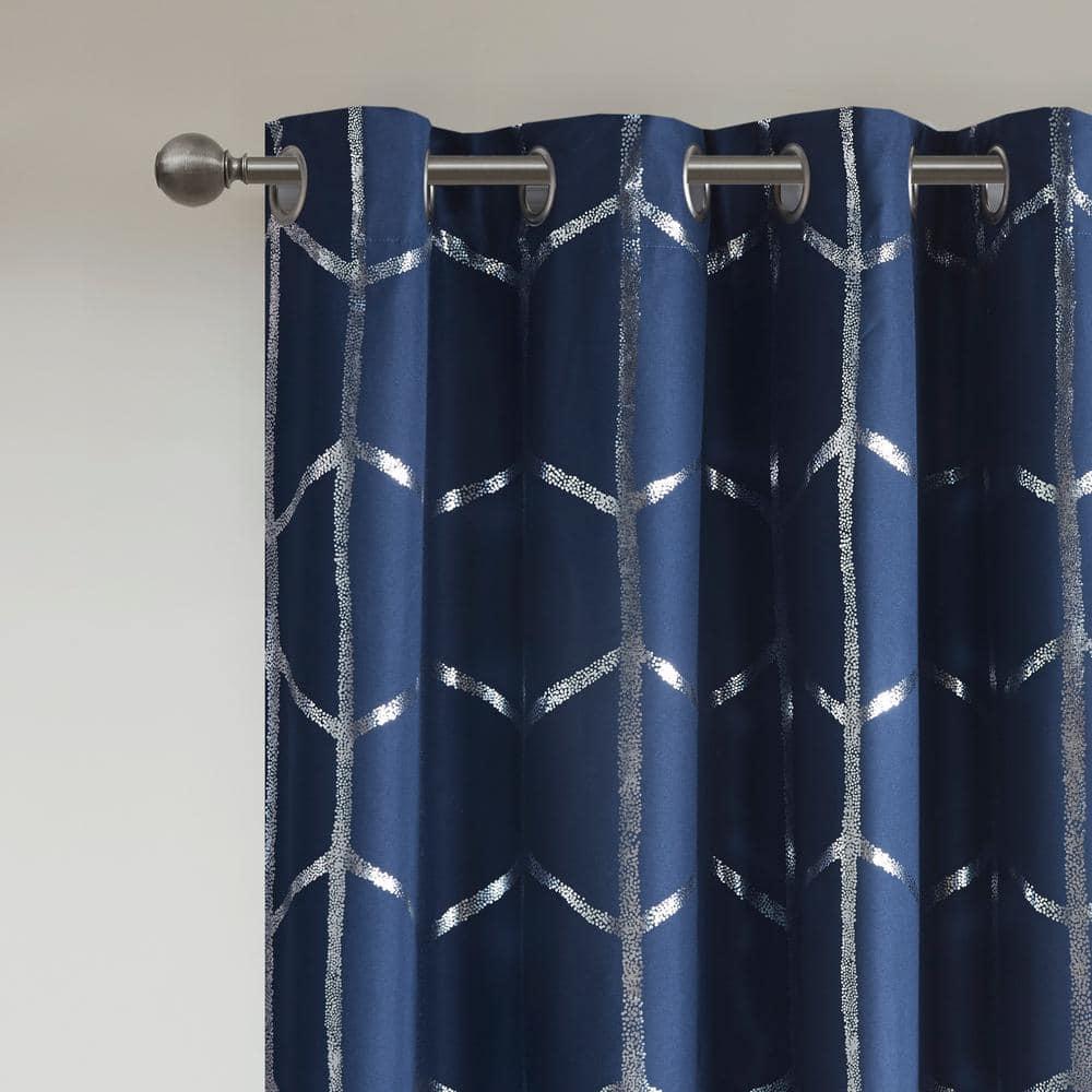 63"x50" Arielle Total Blackout Metallic Printed Curtain Panel Navy: Intelligent Design, Geometric Grommet Top, Energy Efficient