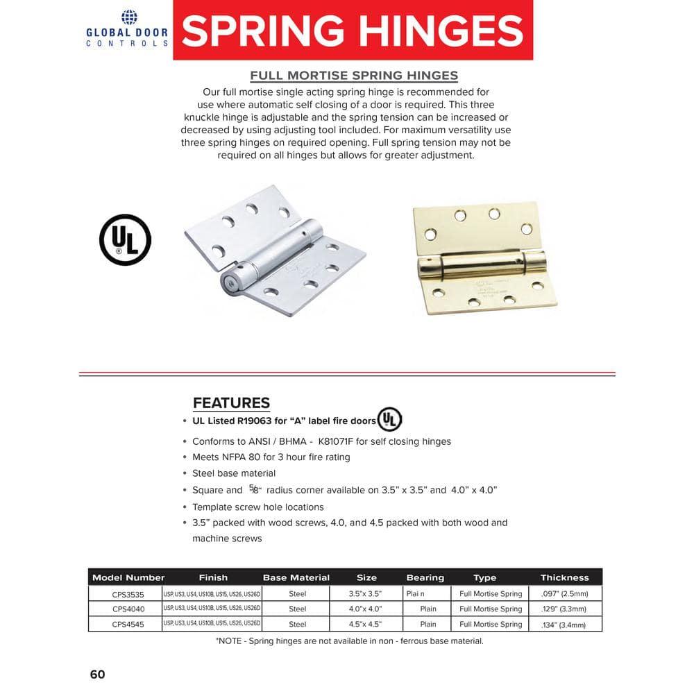 Global Door Controls 4.5" x 4.5" in Satin Chrome Steel Spring Hinge (Set of 3)