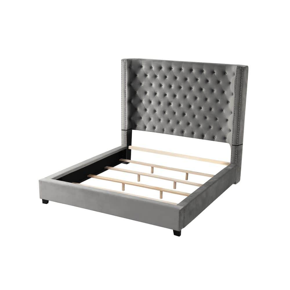 Yvonne Velvet Upholstered Cali King Platform Bed in Gray